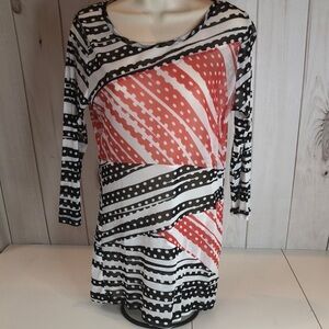Chic Women's Black and Red Semi Sheer Striped Blouse 3/4 Sleeves Women's Small